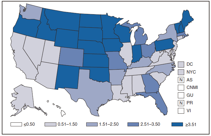 This figure is a map of the United States and U.S. territories that presents the incidence range per 100,000 population of cryptosporidiosis cases in each state and territory in 2009.