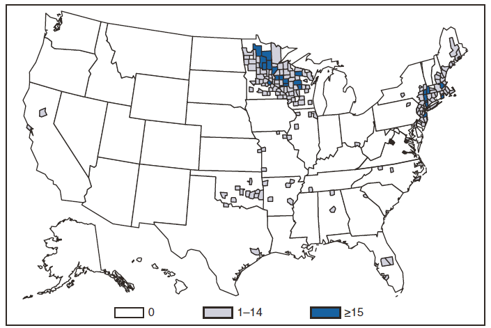 This figure is a map of the United States that presents the number of ehrlichiosis (anaplasma phagocytophilum) cases by county in 2009.