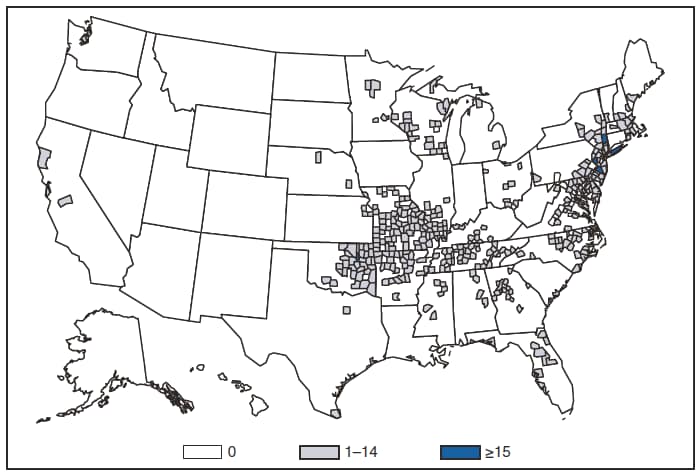 This figure is a map of the United States that presents the number of Ehrlichiosis (Ehrlichia chaffeensis) cases by county in 2009.