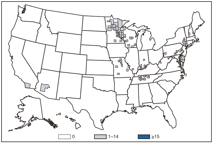 This figure is a map of the United States that presents the number of Ehrlichiosis (undetermined) cases by county in 2009.