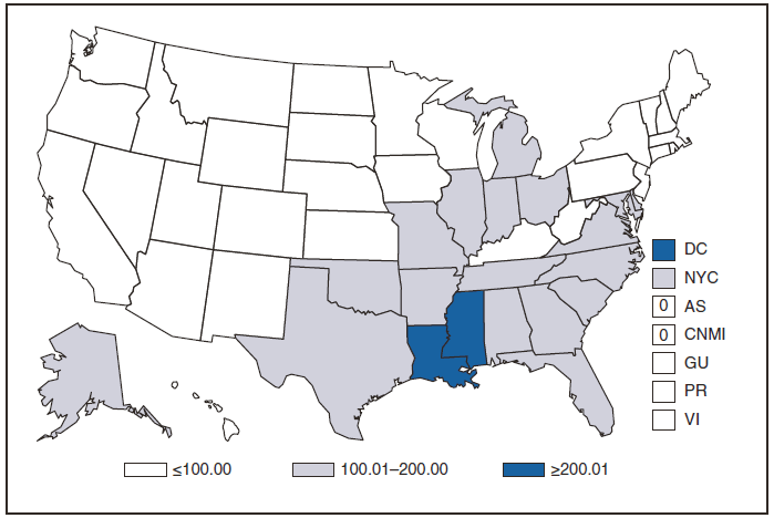 This figure is a map of the United States and U.S. territories that presents the incidence range per 100,000 population of gonorrhea cases in each state and territory in 2009.