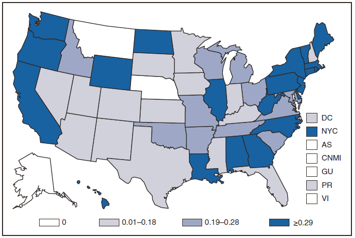 - This figure is a map of the United States and U.S. territories that presents the incidence range per 100,000 population of listeriosis cases in each state and territory in 2009.