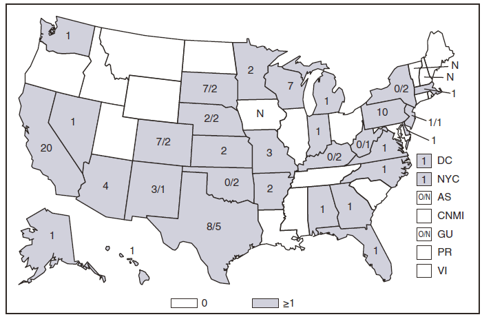 This figure is a map of the United States and U.S. territories that presents the number of acute and chronic Q fever cases in each state and territory in 2009. 