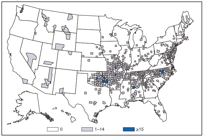 This figure is a map of the United States that presents the number of Rocky Mountain spotted fever cases in each county in 2009.