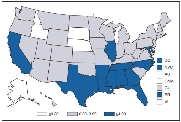 This figure is a map of the United States and U.S. territories that presents the incidence per 100,000 population of primary and secondary syphilis cases in each state and territory in 2009.