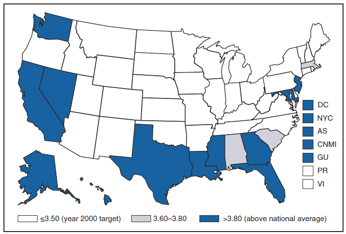 This figure is a map of the United States and U.S. territories that presents the incidence range per 100,000 population of tuberculosis cases in each state and territory in 2009.