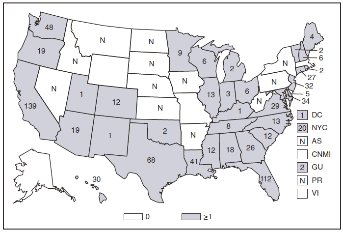 This figure is a map of the United States and U.S. territories that presents the number of cases of virbriosis in each state and territory in 2009.