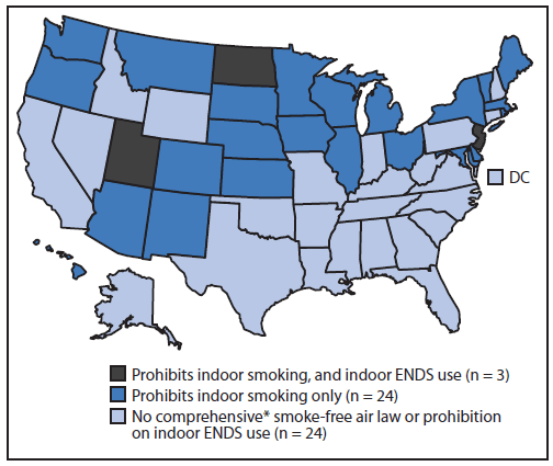 The figure above is a map of the United States showing states with and without laws prohibiting smoking and use of electronic nicotine delivery systems (ENDS) in indoor areas of private worksites, restaurants, and bars as of November 30, 2014. Twenty-seven states, including the District of Columbia, have comprehensive smoke-free laws that prohibit smoking in restaurants, worksites, and bars, but only three limit indoor ENDS use: New Jersey, North Dakota, and Utah.
