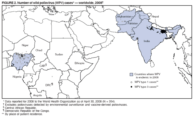FIGURE 2. Number of wild poliovirus (WPV) cases*  worldwide, 2008