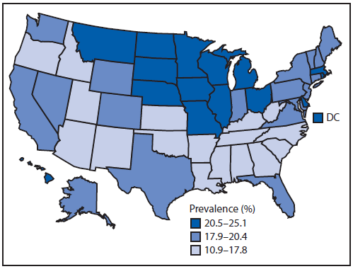  This figure is a map of the United States that presents the prevalence (the total number of respondents who reported at least one binge episode during the preceding 30 days divided by the total number of respondents), by state, during 2011, as reported by the Behavior Risk Factor Surveillance System (BRFSS).