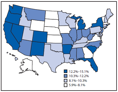 The figure is a United States map that presents the prevalence of unemployment by state among men aged 18-64 years.