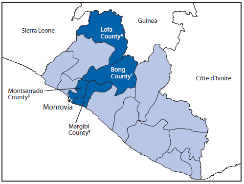 The figure above is a map showing four Liberian counties (Bong, Lofa, Margibi, and Montserrado) where clusters of Ebola were reported among health care workers in health care facilities that were not Ebola treatment units during June 9-August 14, 2014.