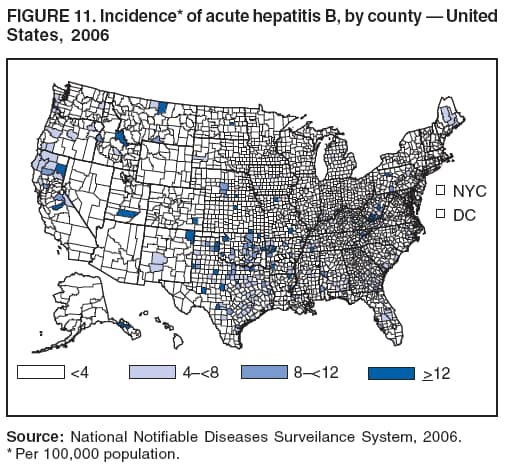 FIGURE 11. Incidence* of acute hepatitis B, by county  United
States, 2006