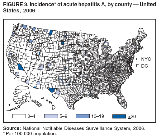 FIGURE 3. Incidence* of acute hepatitis A, by county  United
States, 2006