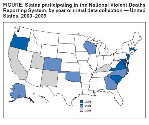 FIGURE. States participating in the National Violent Deaths
Reporting System, by year of initial data collection � United
States, 2003�2005