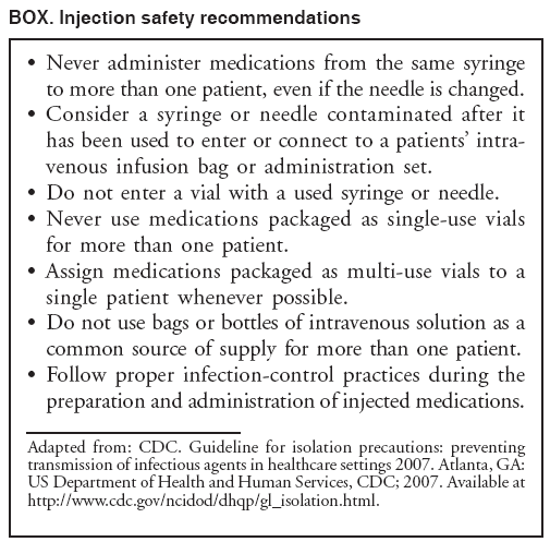 BOX. Injection safety recommendations
 Never administer medications from the same syringe
to more than one patient, even if the needle is changed.
 Consider a syringe or needle contaminated after it
has been used to enter or connect to a patients intravenous
infusion bag or administration set.
 Do not enter a vial with a used syringe or needle.
 Never use medications packaged as single-use vials
for more than one patient.
 Assign medications packaged as multi-use vials to a
single patient whenever possible.
 Do not use bags or bottles of intravenous solution as a
common source of supply for more than one patient.
 Follow proper infection-control practices during the
preparation and administration of injected medications.
Adapted from: CDC. Guideline for isolation precautions: preventing
transmission of infectious agents in healthcare settings 2007. Atlanta, GA:
US Department of Health and Human Services, CDC; 2007. Available at
http://www.cdc.gov/ncidod/dhqp/gl_isolation.html.