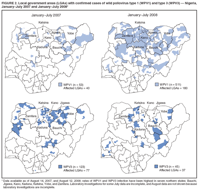 FIGURE 2. Local government areas (LGAs) with confirmed cases of wild poliovirus type 1 (WPV1) and type 3 (WPV3) � Nigeria,
January�July 2007 and January�July 2008*