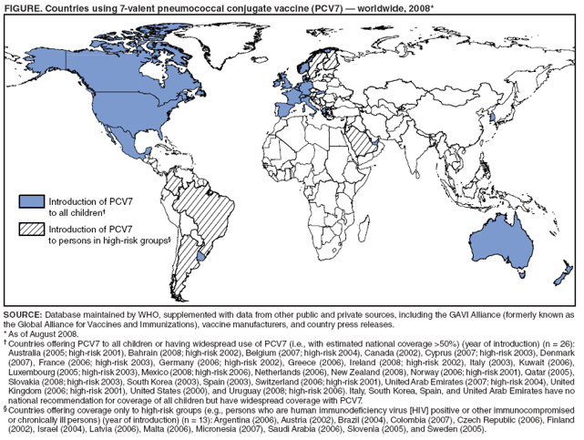 FIGURE. Countries using 7-valent pneumococcal conjugate vaccine (PCV7) � worldwide, 2008*