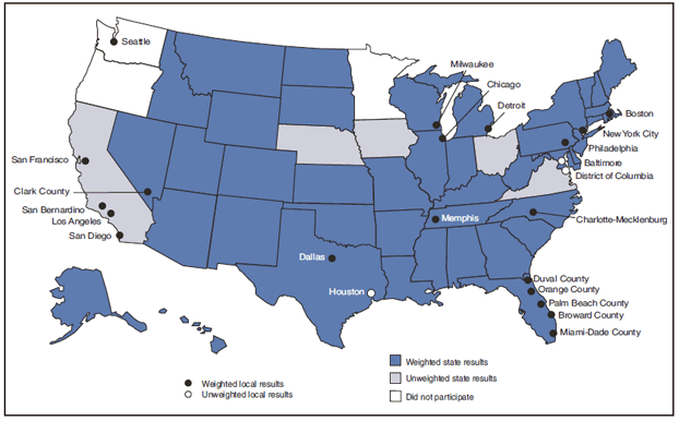 This United States map figure shows the 42 states and 20 cities with weighted data and the five states and three cities with unweighted data for the 2009 Youth Risk Behavior Surveillance System. 