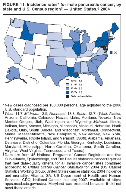 FIGURE 11. Incidence rates* for male pancreatic cancer, by
state and U.S. Census region� � United States,� 2004
