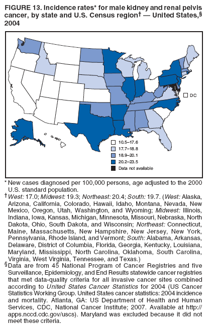 FIGURE 13. Incidence rates* for male kidney and renal pelvis
cancer, by state and U.S. Census region� � United States,�
2004
