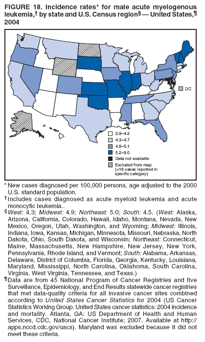 FIGURE 18. Incidence rates* for male acute myelogenous 
leukemia,� by state and U.S. Census region� � United States,�
2004