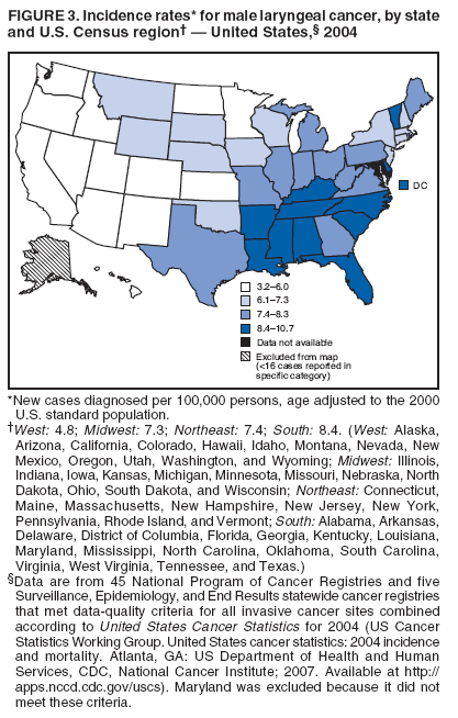 FIGURE 3. Incidence rates* for male laryngeal cancer, by state
and U.S. Census region� � United States,� 2004