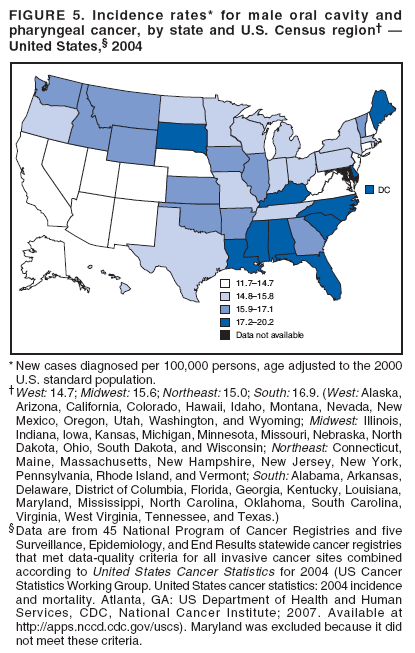 FIGURE 5. Incidence rates* for male oral cavity and
pharyngeal cancer, by state and U.S. Census region� �
United States,� 2004