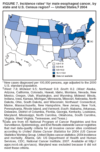 FIGURE 7. Incidence rates* for male esophageal cancer, by
state and U.S. Census region� � United States,� 2004