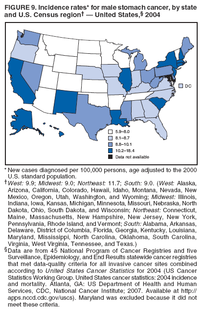 FIGURE 9. Incidence rates* for male stomach cancer, by state
and U.S. Census region� � United States,� 2004