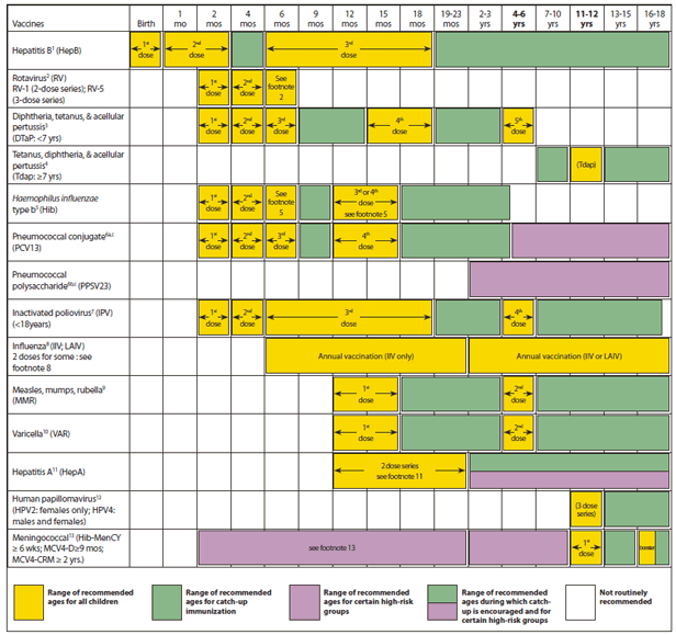 The figure above shows the recommended immunization schedule for persons aged 0 through 18 years in the United States during 2013. Health-care providers are advised to use both the recommended schedule and the catch-up schedule in combination with their footnotes and not as stand-alones. For Figure 1, 'Recommended immunization schedule for persons aged 0 through 18 years' replaces 'Recommended immunization schedule for persons aged 0 through 6 years' and 'Recommended immunization schedule for persons aged 7 through 18 years.'