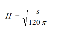 Equation B12 - The rms (root-mean-square) magnetic field strength H in amperes per meter equals the square root of the quantity open bracket open bracket the power density s in milliwatts per square meter close bracket divided by open bracket 120 times pi close bracket.