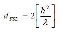 Equation B14 - The breakpoint distance d sub FSL in meters equals 2 times the quantity open brackets mine height b squared divided by lamda close brackets where b and lamda are in meters.