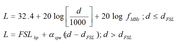 Equation B18 - This equation determines the median path loss L as a function of the free-space loss FSL sub bp and the distance d in meters.