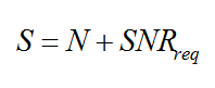 Equation B25 - The sensitivity S in dBm of the receiver is equal to the receiver effective noise power level N in dBm plus the required signal-to-noise power ratio SNR sub req in dB.