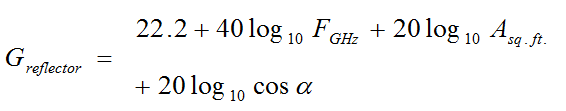 Equation B32 - For a passive reflector the passive reflector gain G sub reflector equals 22.2 plus 40 times the logarithm of the frequency F in gigahertz plus 20 times the logarithm of the reflector area A in square feet plus 20 times the logarithm of the cosine of one-half the included angle alpha of the reflection in degrees