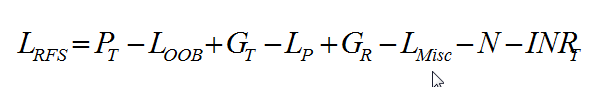 Equation B38 - The required frequency separation loss L sub RFS equals the transmit power P sub T minus a correction factor to account for an interaction at an out-of-band frequency L sub OOB plus the transmitter antenna gain G sub T minus the total propagation loss between antennas L sub P plus the receive antenna gain G sub R minus the total of any other additional miscellaneous losses L sub misc minus the receiver effective noise power level including any external noise N in dBm minus the interference-to-noise power ratio INR in dB.