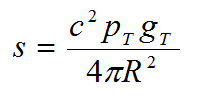 Equation B41 - The average power density s in watts per square meter equals open bracket a constant multiplier c squared times the transmitter power p sub T times the far-field transmit antenna gain g sub T close bracket divided by open bracket 4 times pi times the distance from the antenna to the point of interest R squared close bracket.