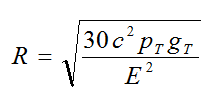 Equation B44 - The distance from the antenna to the point of interest R in meters equals the square root of open bracket open bracket 30 times a constant multiplier c squared times the transmitter power p sub T times the far-field transmit antenna gain g sub T close bracket divided by open bracket of the root-mean-square of the electric field strength E squared (E is in volts per meter).