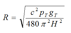 Equation B46 - The distance from the antenna to the point of interest R in meters equals the square root of open bracket open bracket a constant multiplier c squared times the transmitter power p sub T times the far-field transmit antenna gain g sub T close bracket divided by open bracket 480 times pi squared times the root-mean-square of the magnetic field strength H squared (where H is in amperes per meter).