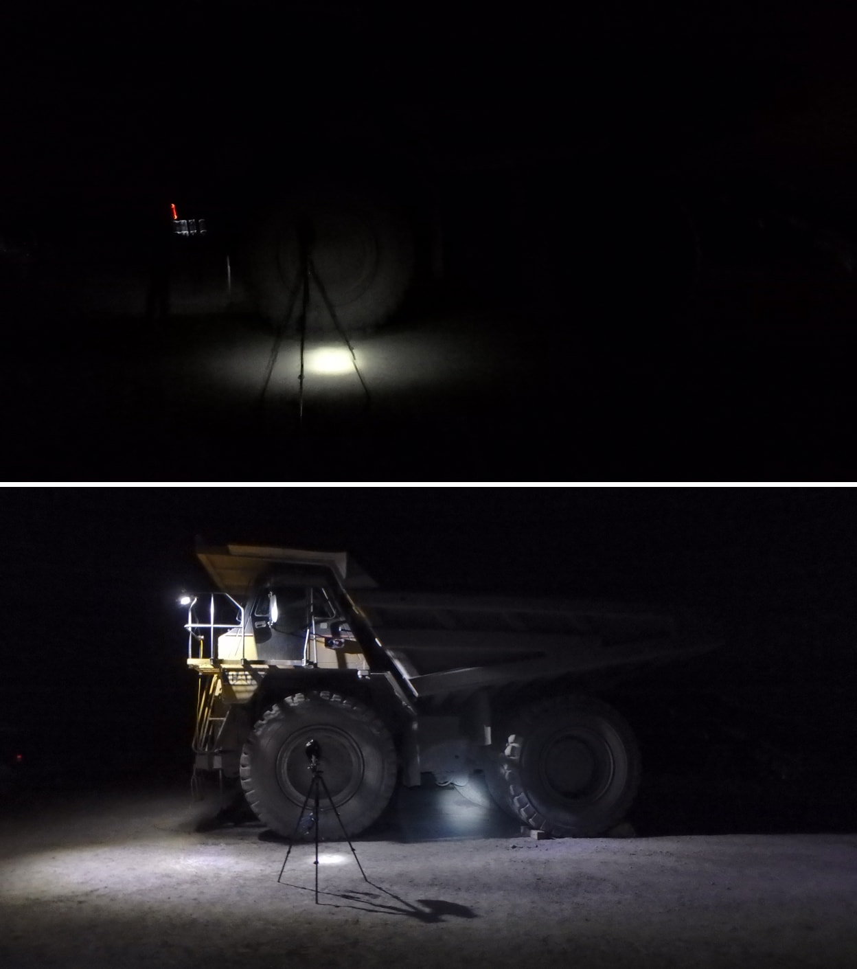 Image showing area near mobile equipment illuminated with only a headlamp and similar image showing area near mobile equipment illuminated with a headlamp and an area luminaire