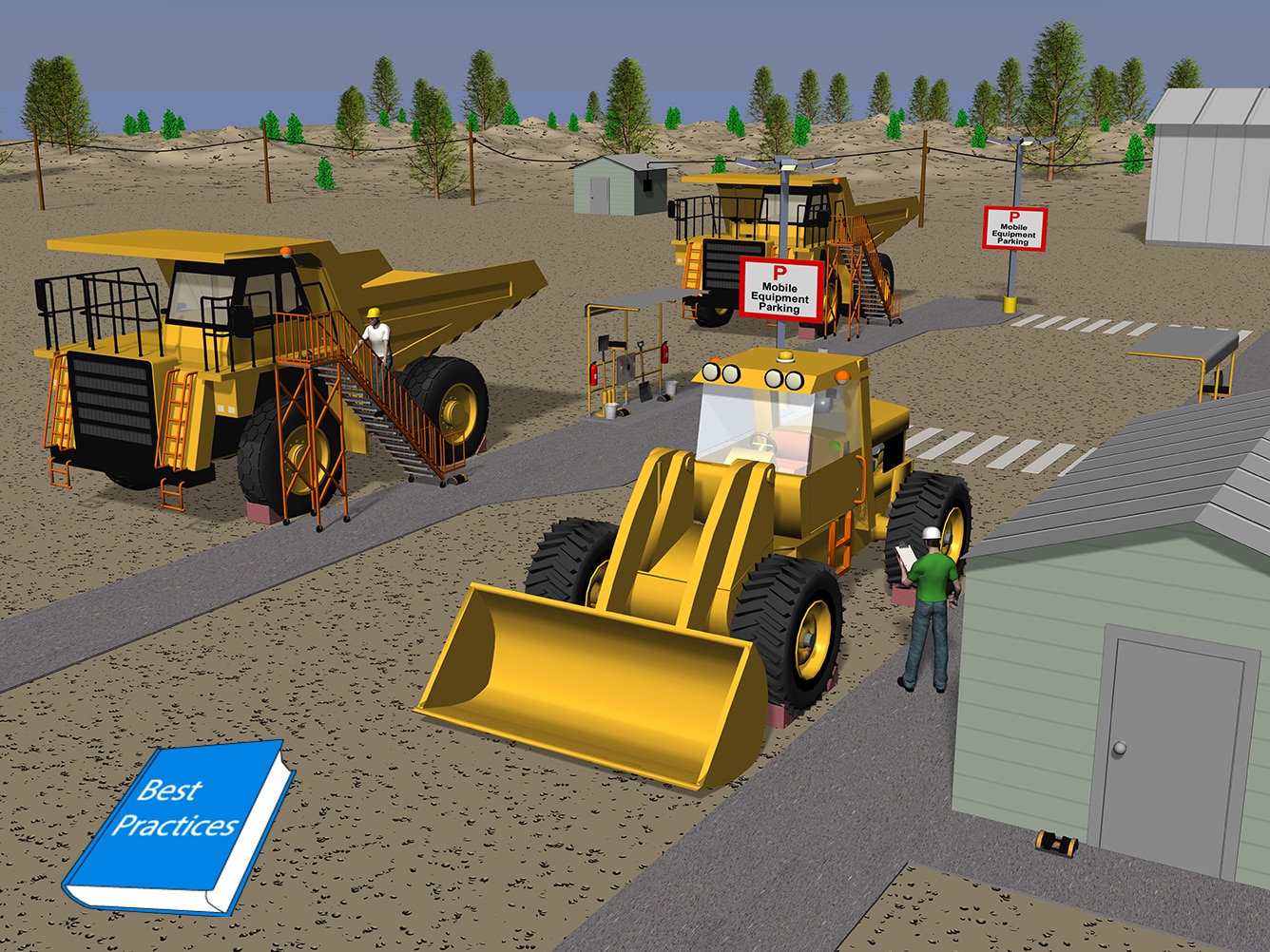 Designated mine parking area where two haul trucks and one front end loader is parked; and a mine worker is inspecting the front end loader.