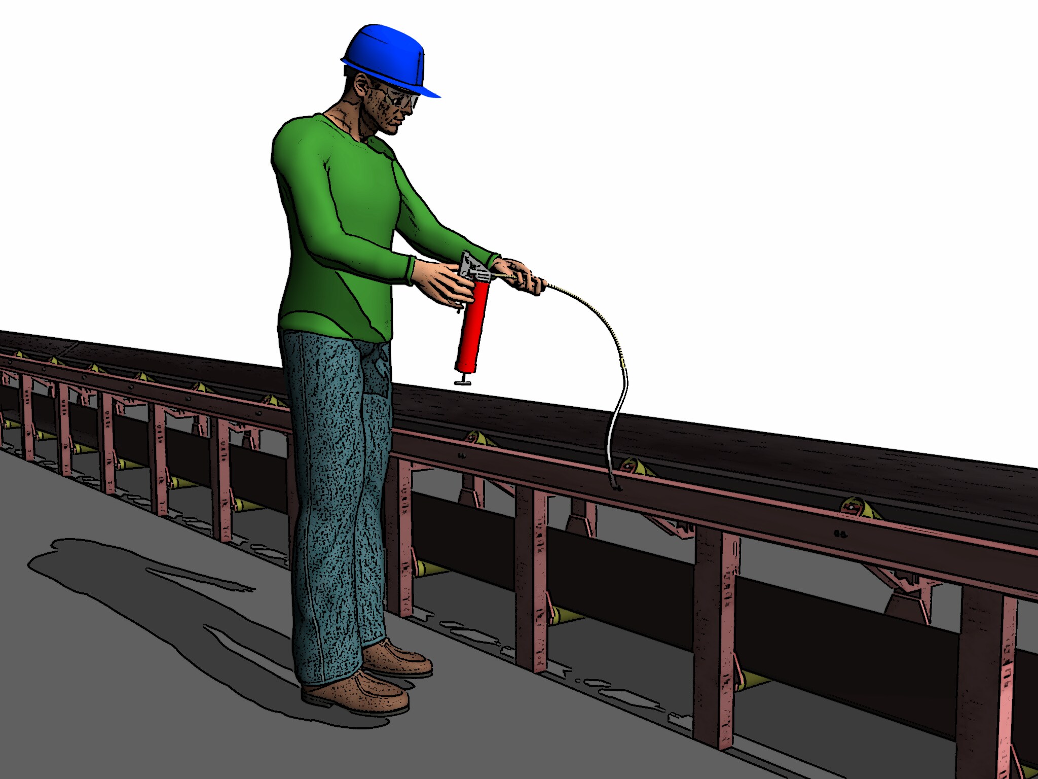 This image shows a worker standing upright while greasing a conveyor belt because an access line was added to the grease gun.