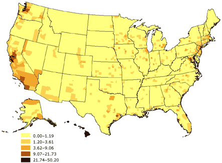 Map of the United States showing percentage of Asian or Pacific Islander adults aged 18 years and older, United States. The greatest percentages (21.74%-50.20%) are located along the Pacific coast.