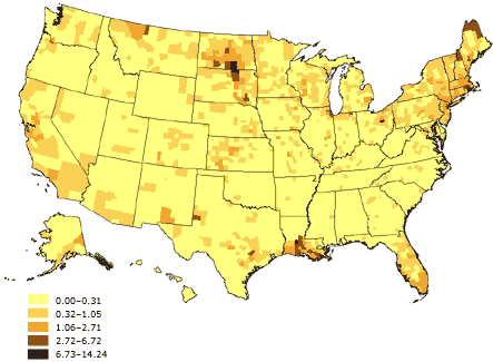 Map of the United States showing percentage of linguistically isolated Indo-Europeanlanguage households, United States. The greatest percentages (6.73%-14.24%) are located in the upper Northeast (New Hampshire and Maine), Louisiana, North and South Dakota, and Montana.