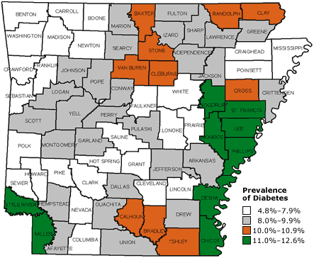Map of Arkansas indicating the prevalance of diabetes by county
