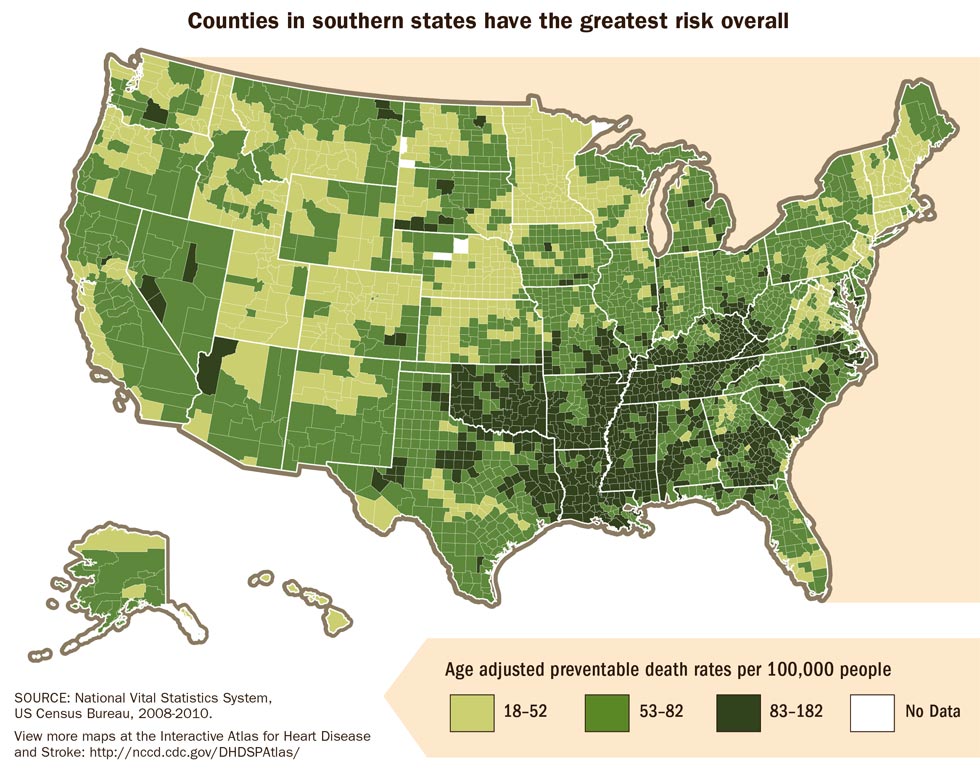 Map: Counties in southern states have the greatest risk overall. Details in text below.