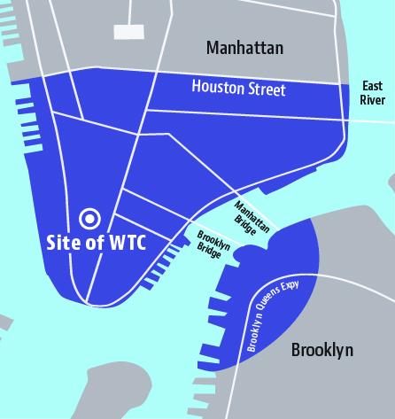 Map of NYC Disaster Area demonstrating how far the dust traveled from the World Trade Center site.