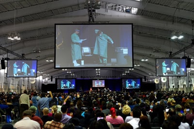Brian Christiansen, CDC Infection Control Team (left), at an Ebola educational session or healthcare workers at the Jacob Javits Center in New York in October 2014.