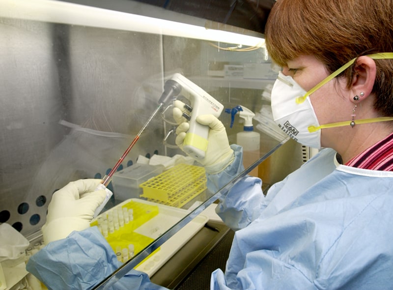 Deborah Cannon, CDC, processes SARS specimens.